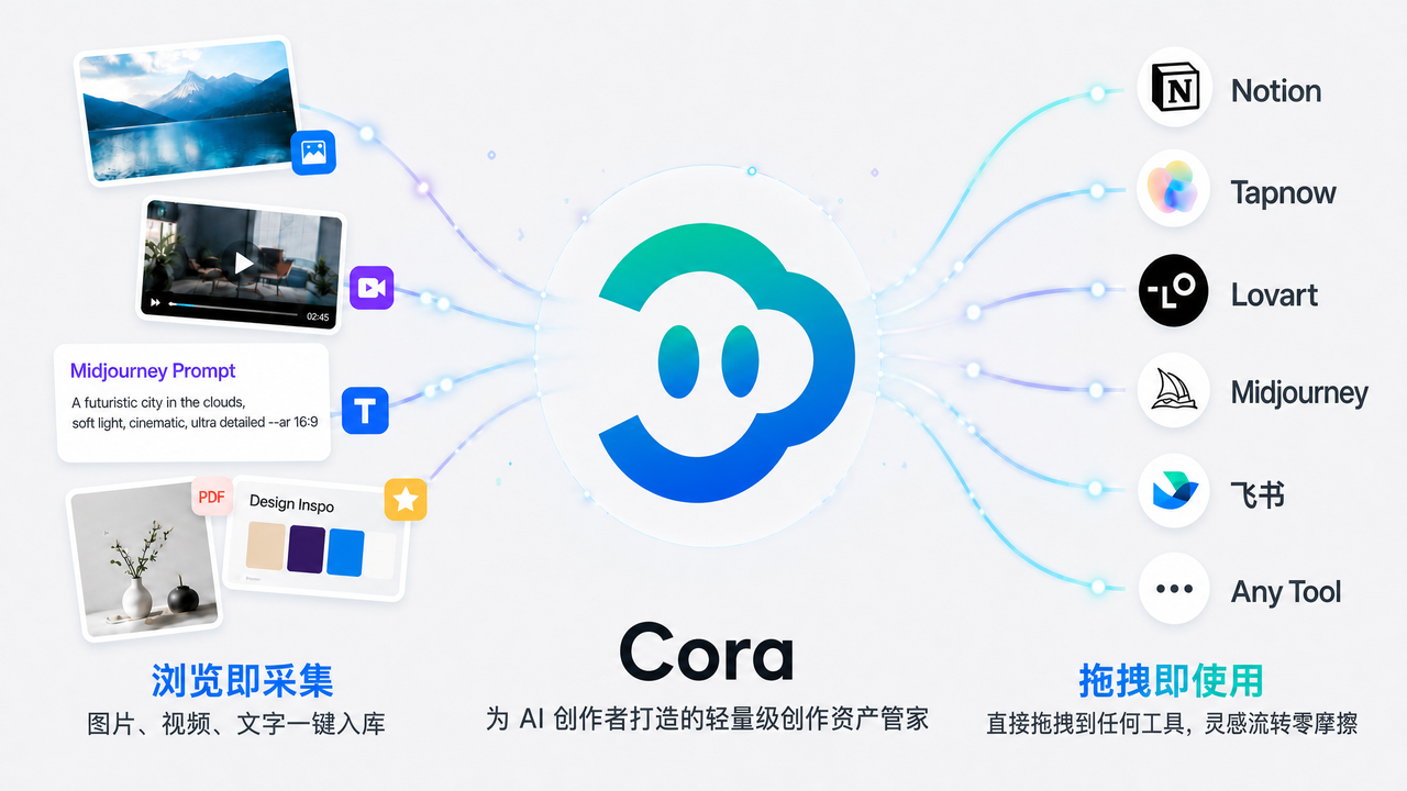Cora - 帮助创作者从网页中一键捕捉图片、视频和提示词，并通过拖拽快速导入任意工具