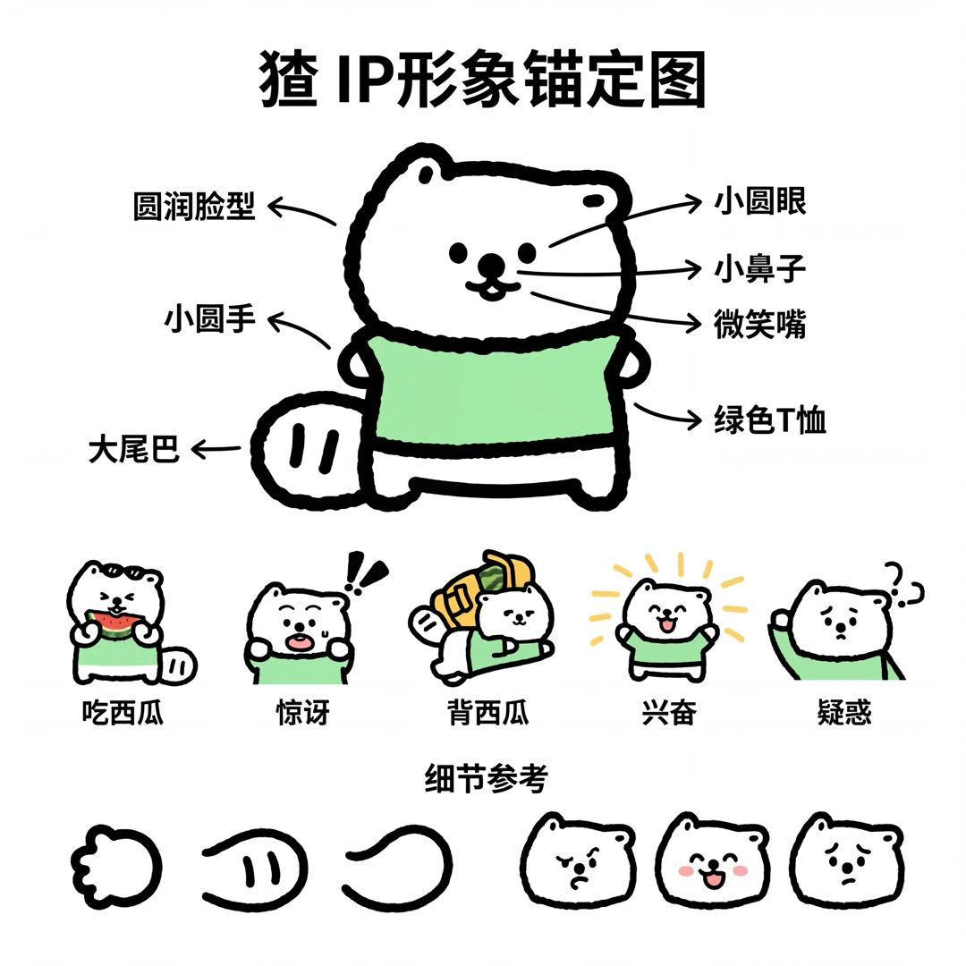 猹 IP 形象参考图,含角色特征、表情和细节参考
