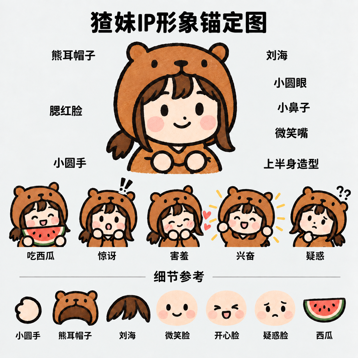 猹妹 IP 形象参考图,含角色特征、表情和细节参考