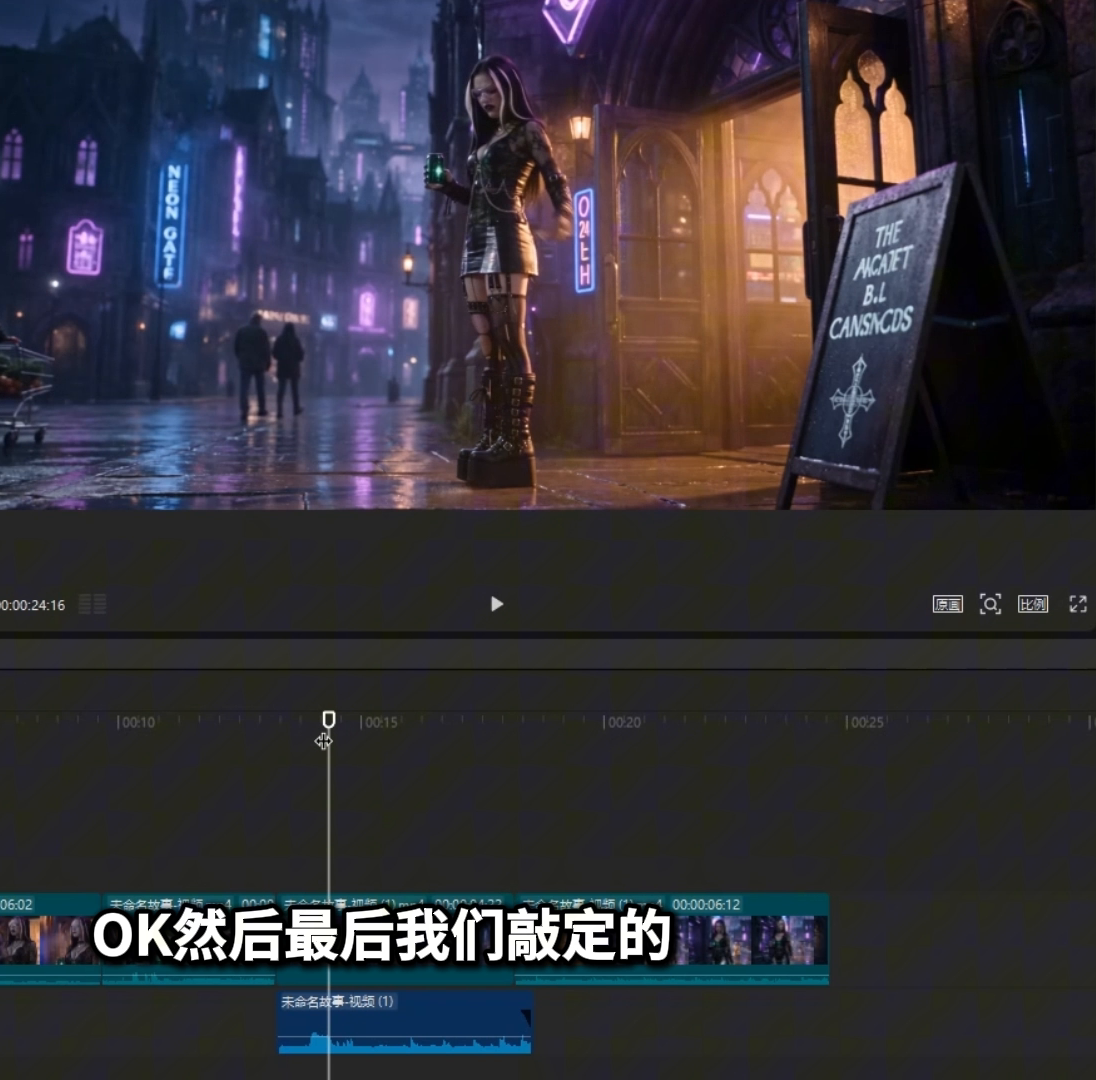 剪辑软件中,便利店不同候选片段被放在同一视频轨道,下方保留声音波形