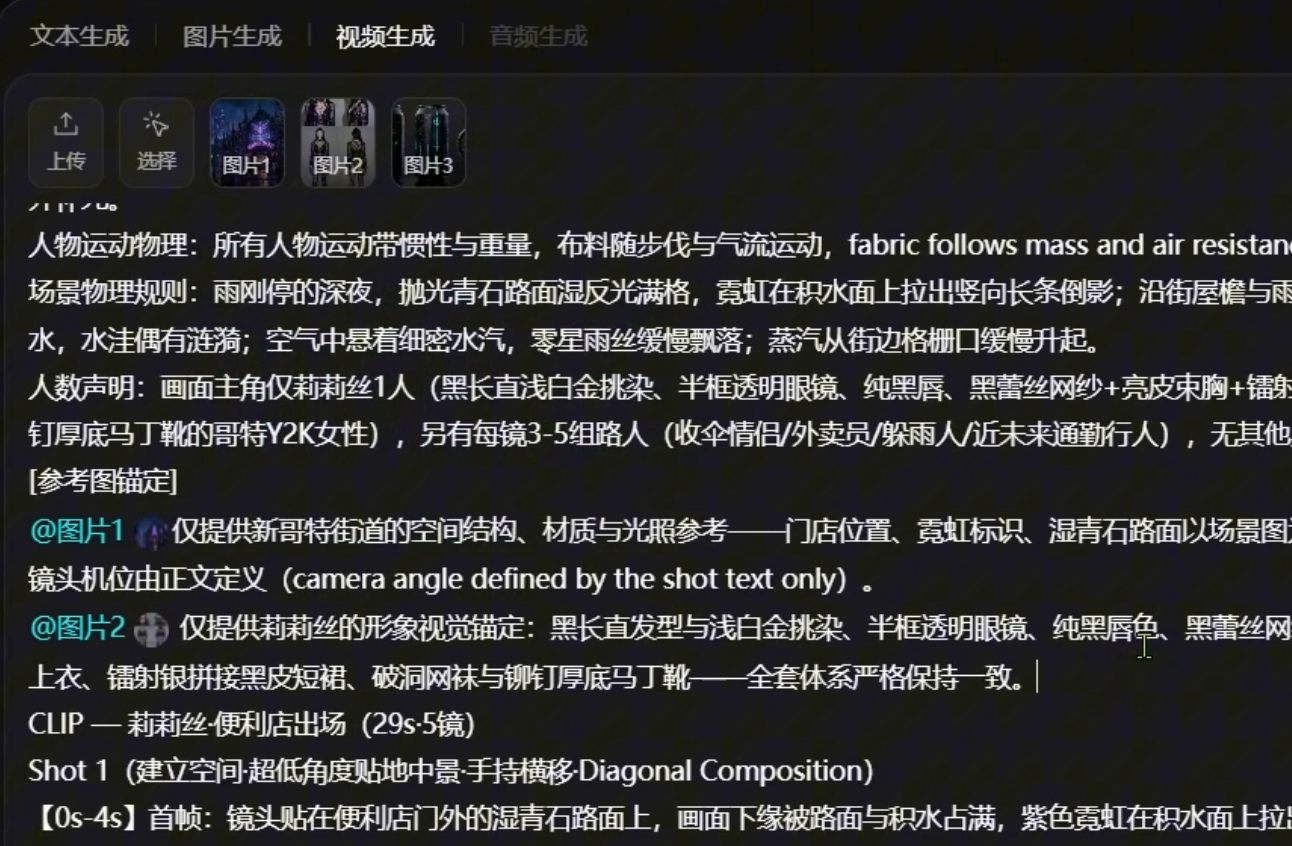 视频输入框已挂载场景、角色四宫格、易拉罐三份参考,并在提示词中声明各自职责